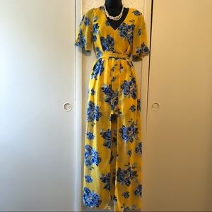 Yellow blue floral maxi overlay romper